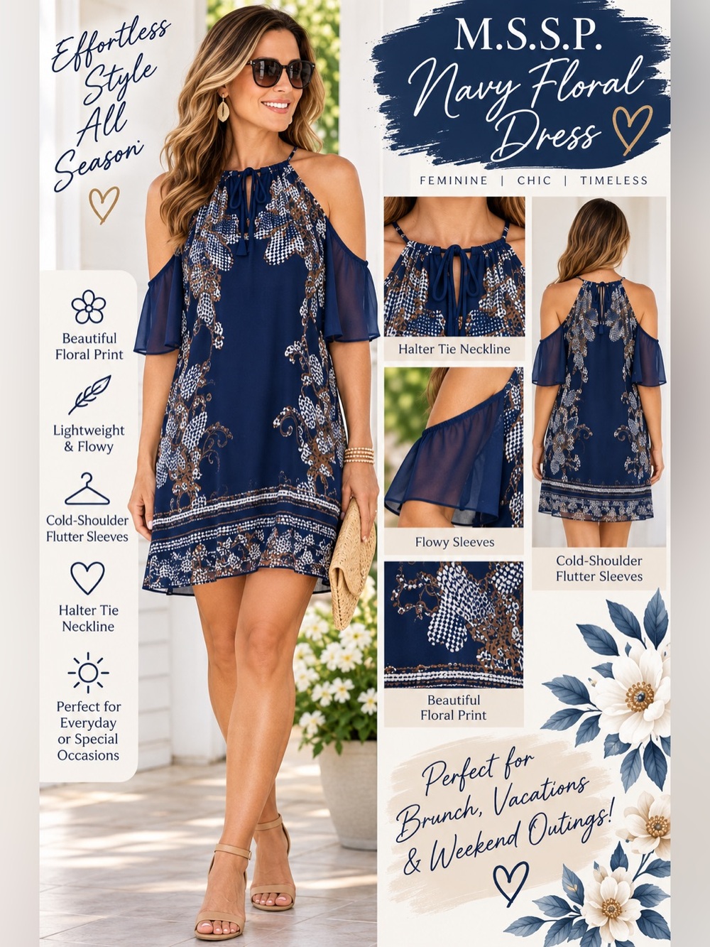 Navy Floral Cold-Shoulder Halter Midi Dress